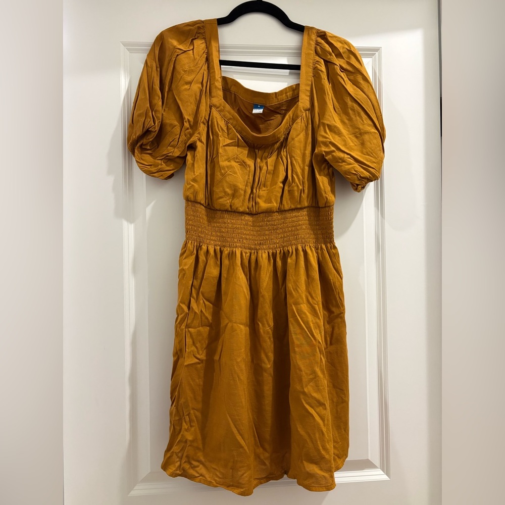 Old Navy Golden Mustard Puff Sleeve Dress with Smocked Waist (Size M)